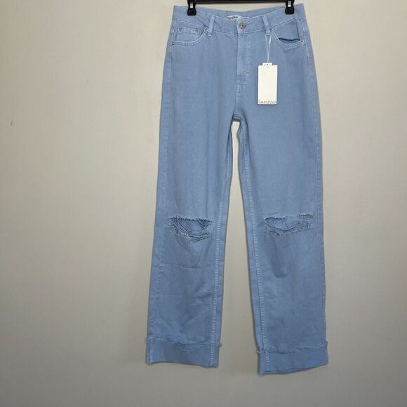 BERSHKA Jeans Womens 4 Blue High Rise Straight NEW Cuffed Distressed - Picture 1 of 11